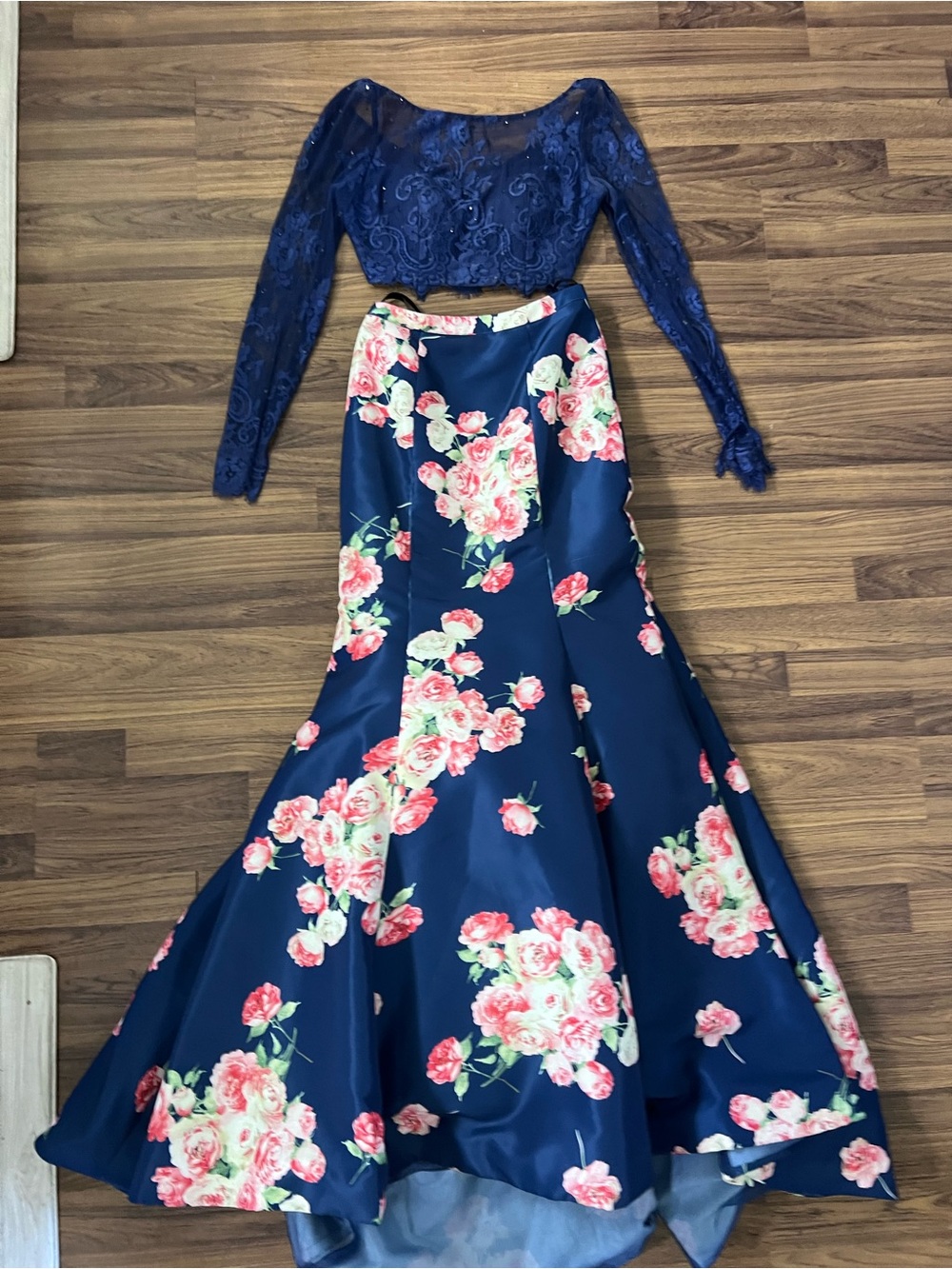 Sherri Hill Navy Lace Two-Piece Gown